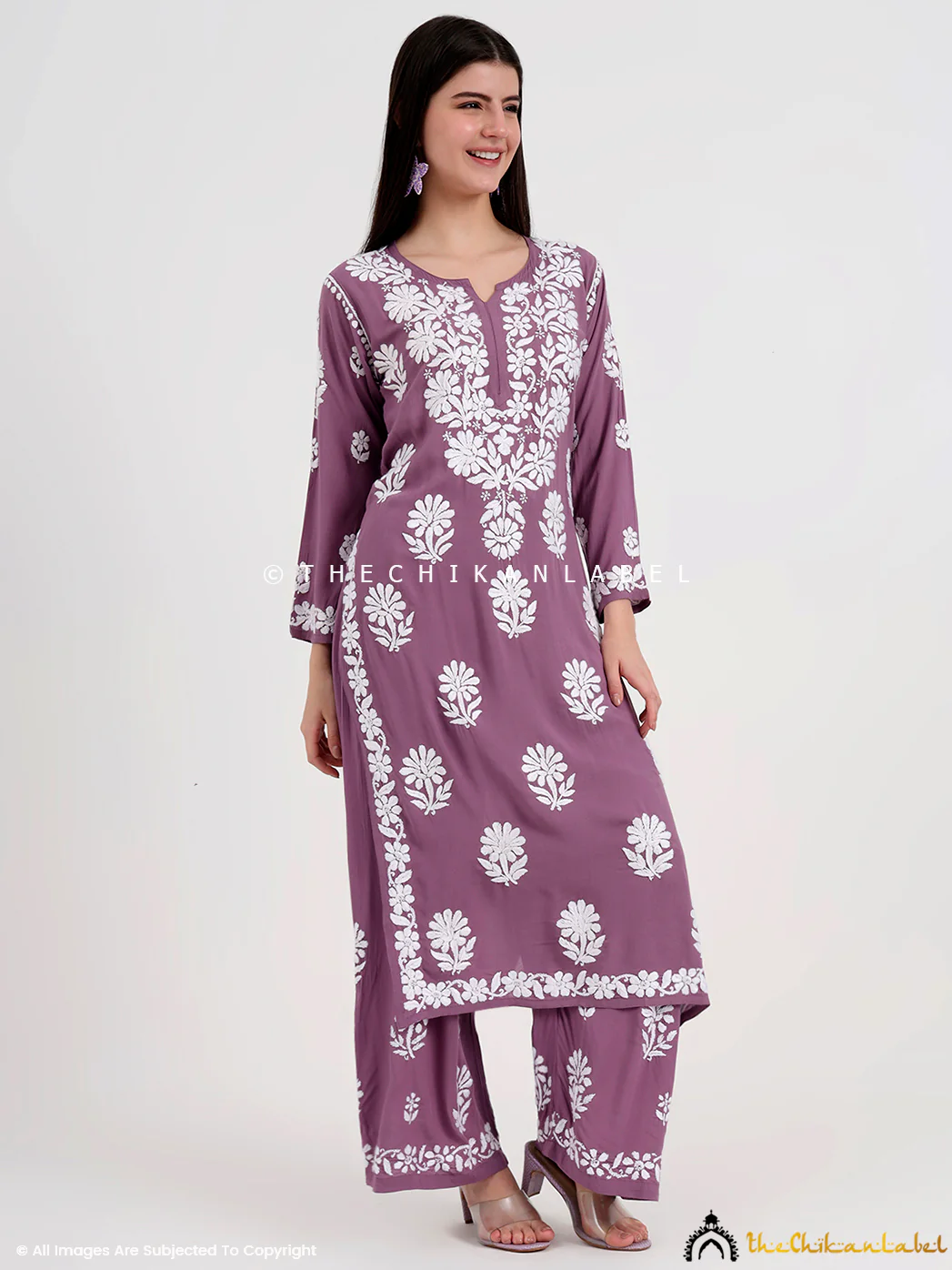Tazmeen Modal Chikankari Kurti Palazzo Set - Mauve - Image 5