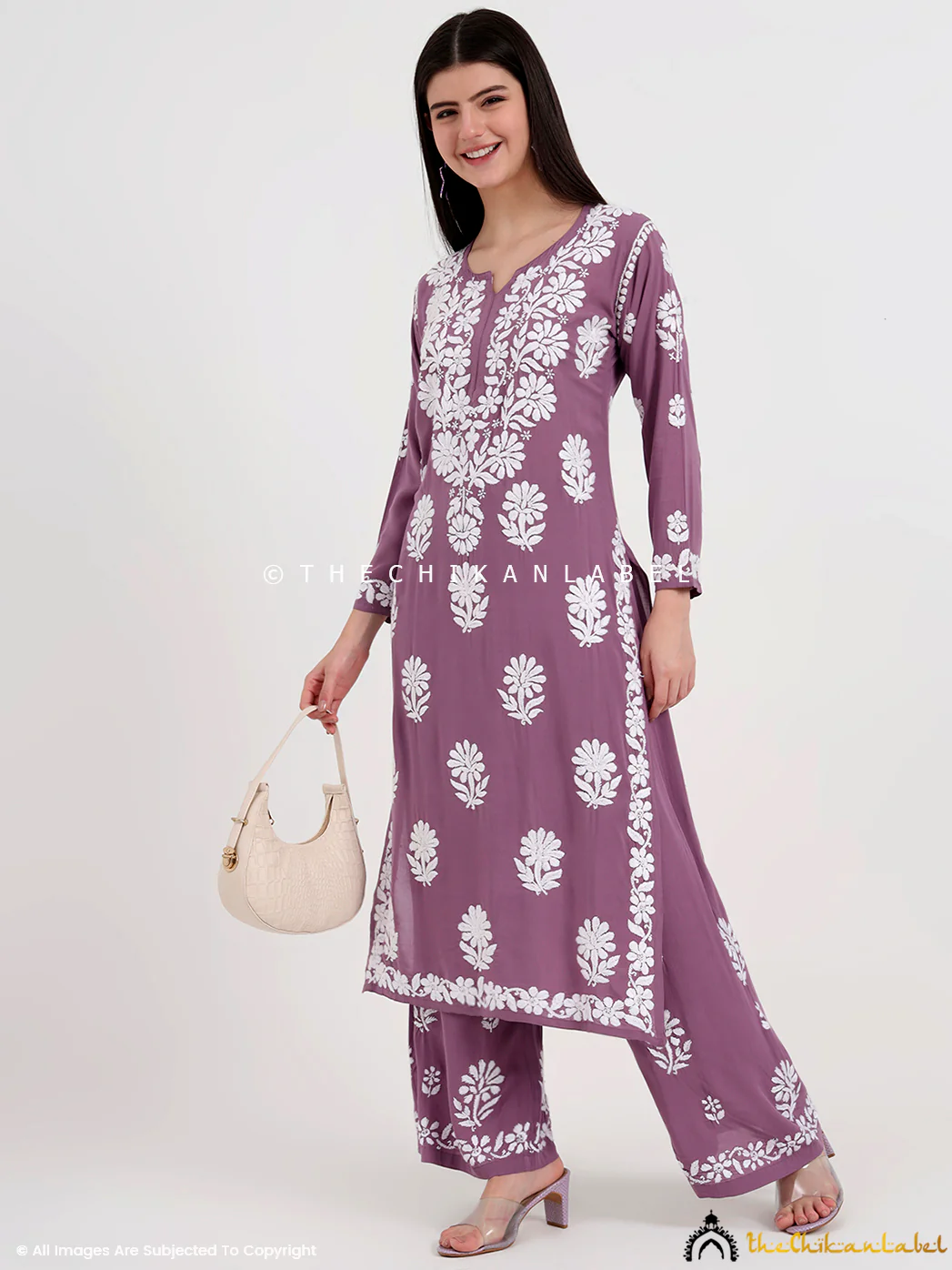 Tazmeen Modal Chikankari Kurti Palazzo Set - Mauve - Image 6
