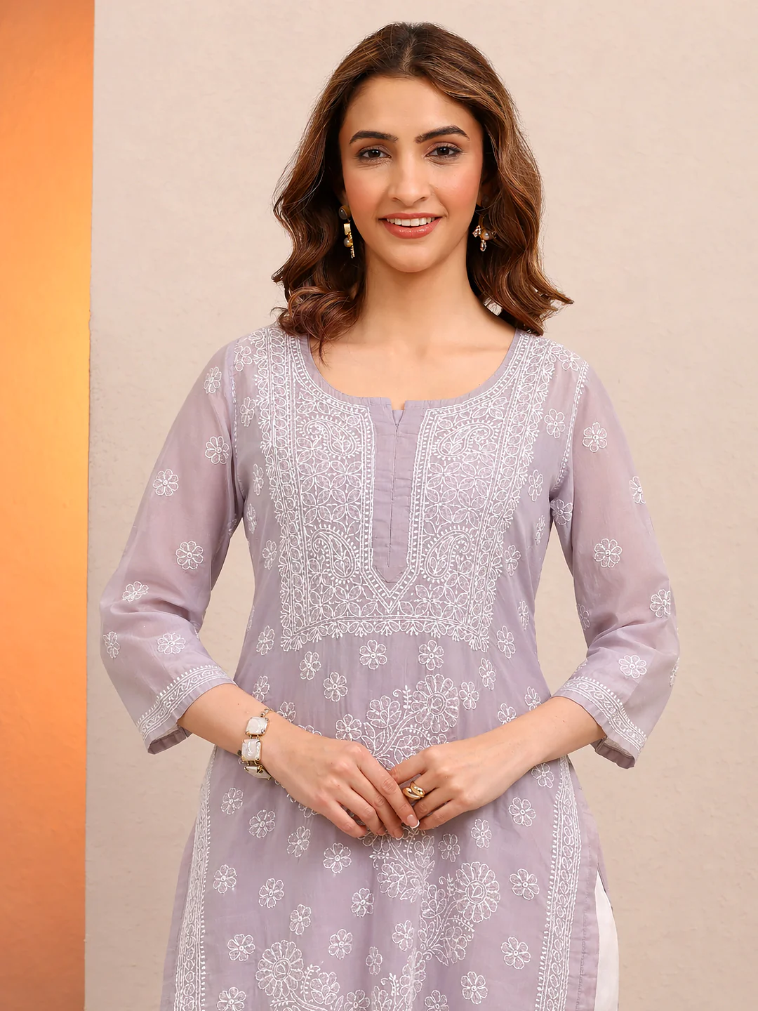 Mauve Vira Cotton Chikankari Straight Kurti with inner - Image 2