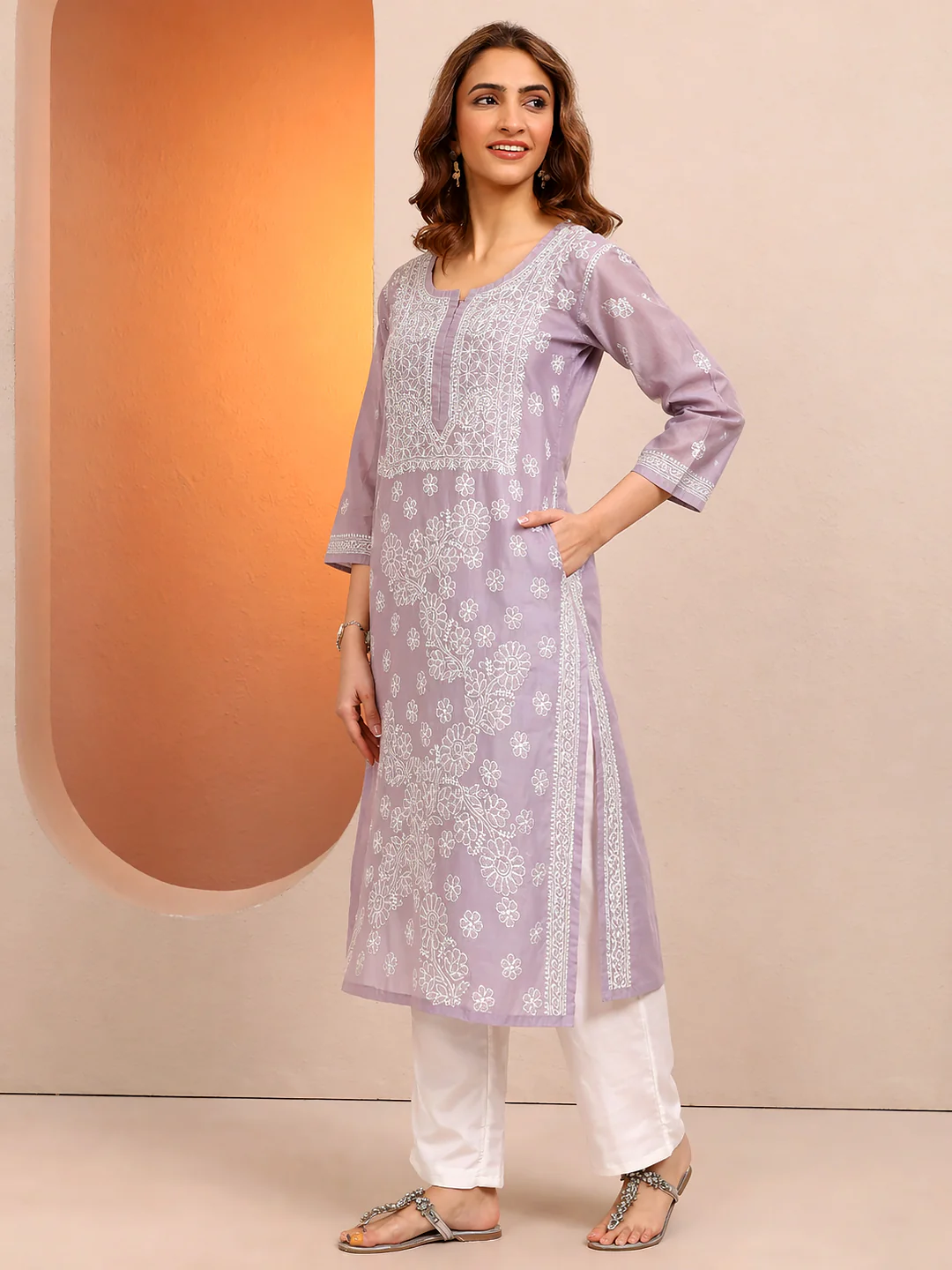 Mauve Vira Cotton Chikankari Straight Kurti with inner - Image 4