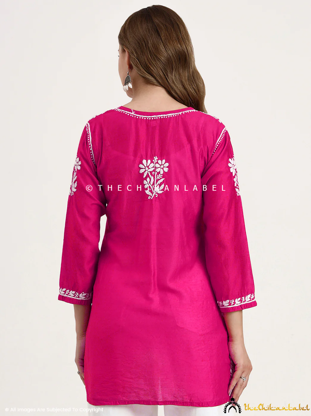 Medha Chanderi Chikankari Short Top - Hot Pink - Image 3