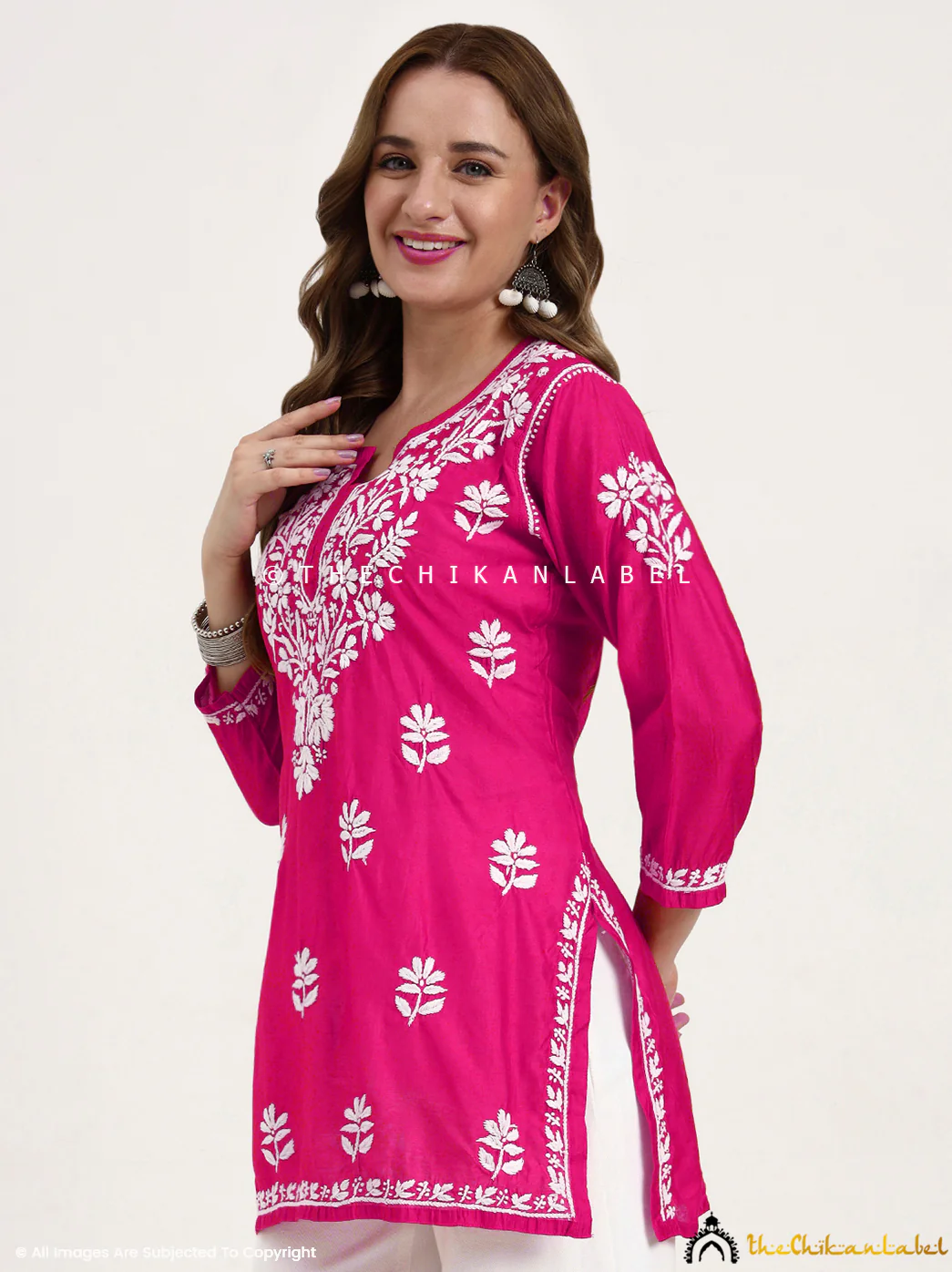 Medha Chanderi Chikankari Short Top - Hot Pink - Image 4