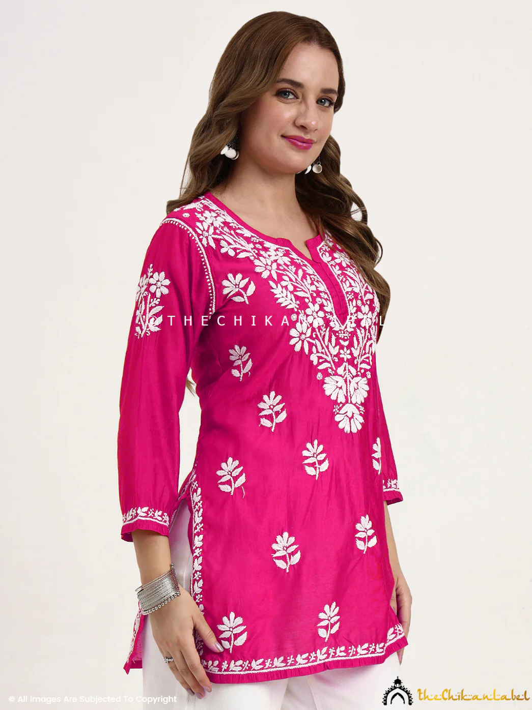 Medha Chanderi Chikankari Short Top - Hot Pink - Image 5