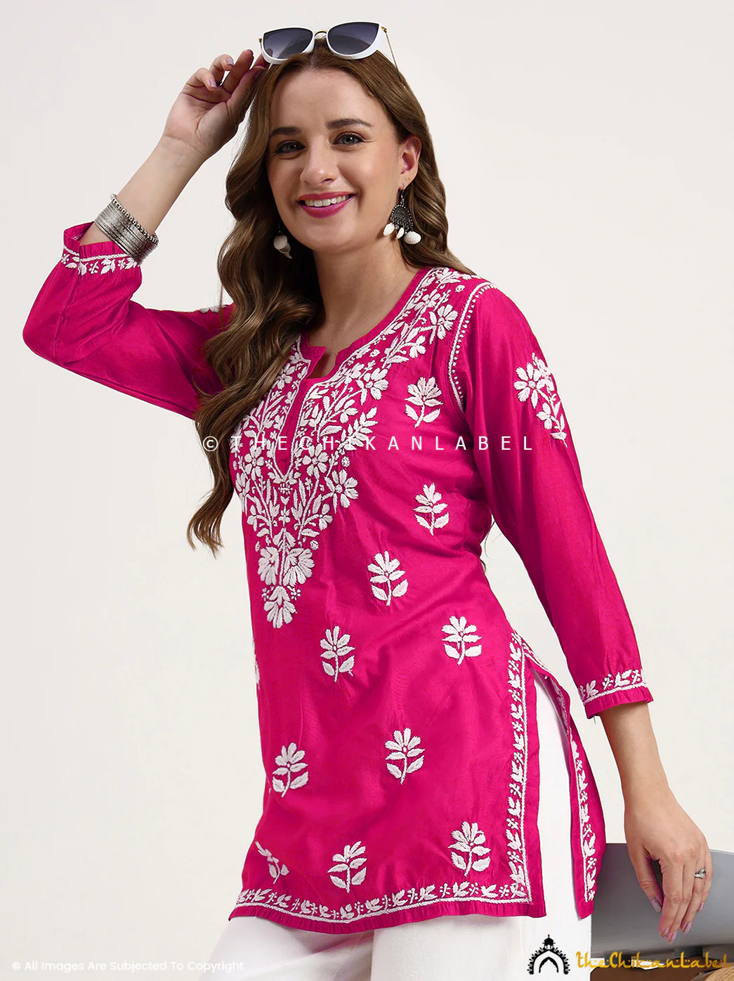 Medha Chanderi Chikankari Short Top - Hot Pink - Image 6