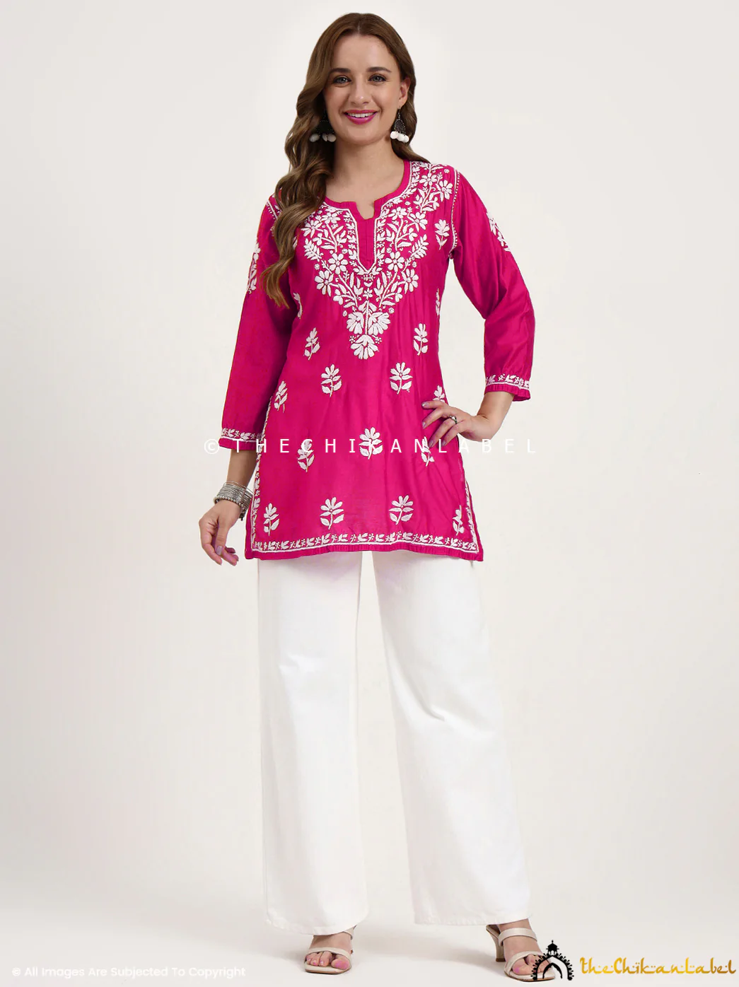 Medha Chanderi Chikankari Short Top - Hot Pink - Image 7