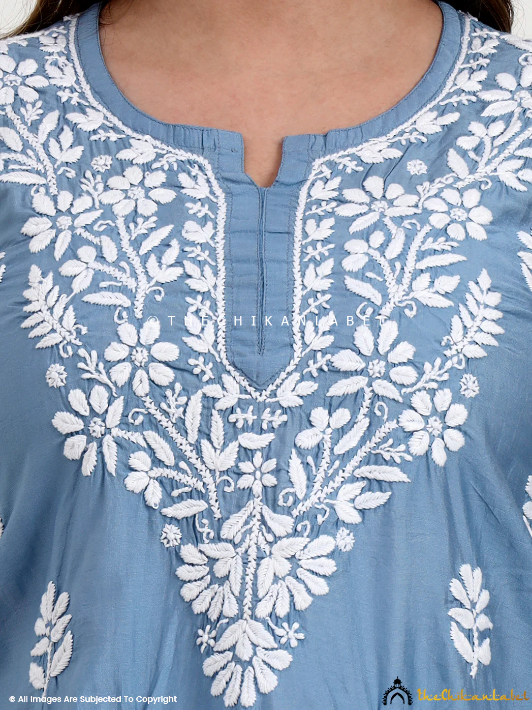 Medha Chanderi Chikankari Short Top - Powder Blue - Image 2