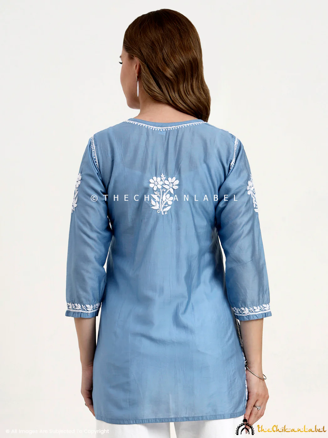 Medha Chanderi Chikankari Short Top - Powder Blue - Image 3