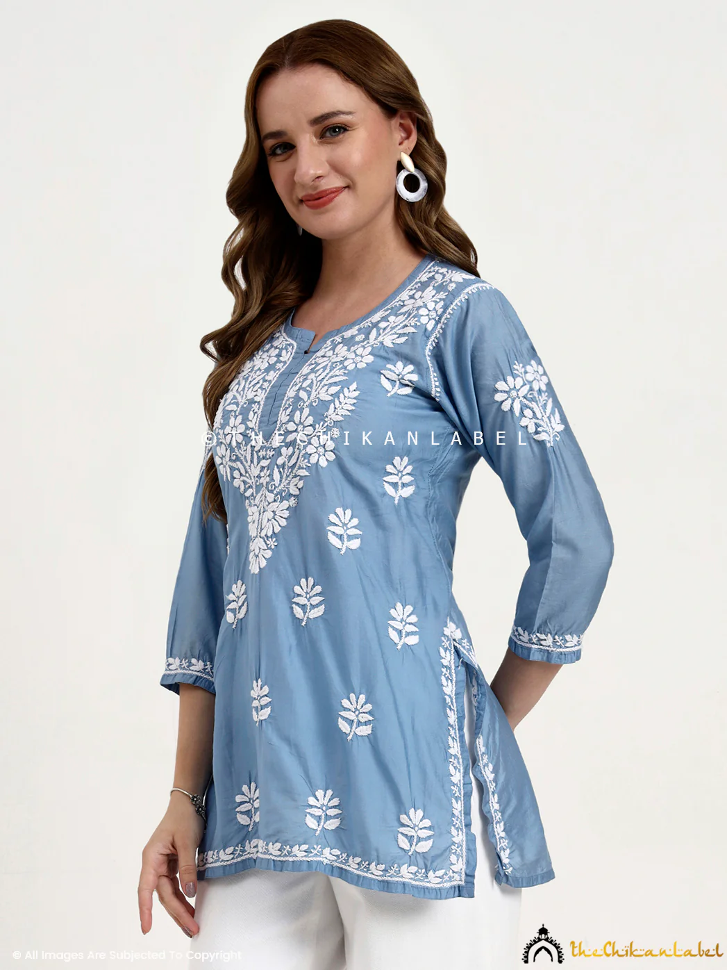 Medha Chanderi Chikankari Short Top - Powder Blue - Image 4