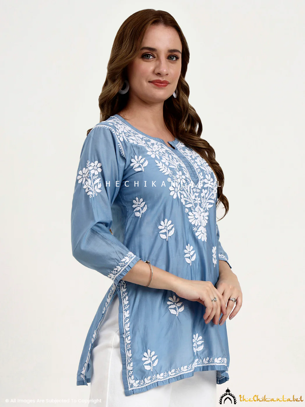 Medha Chanderi Chikankari Short Top - Powder Blue - Image 5