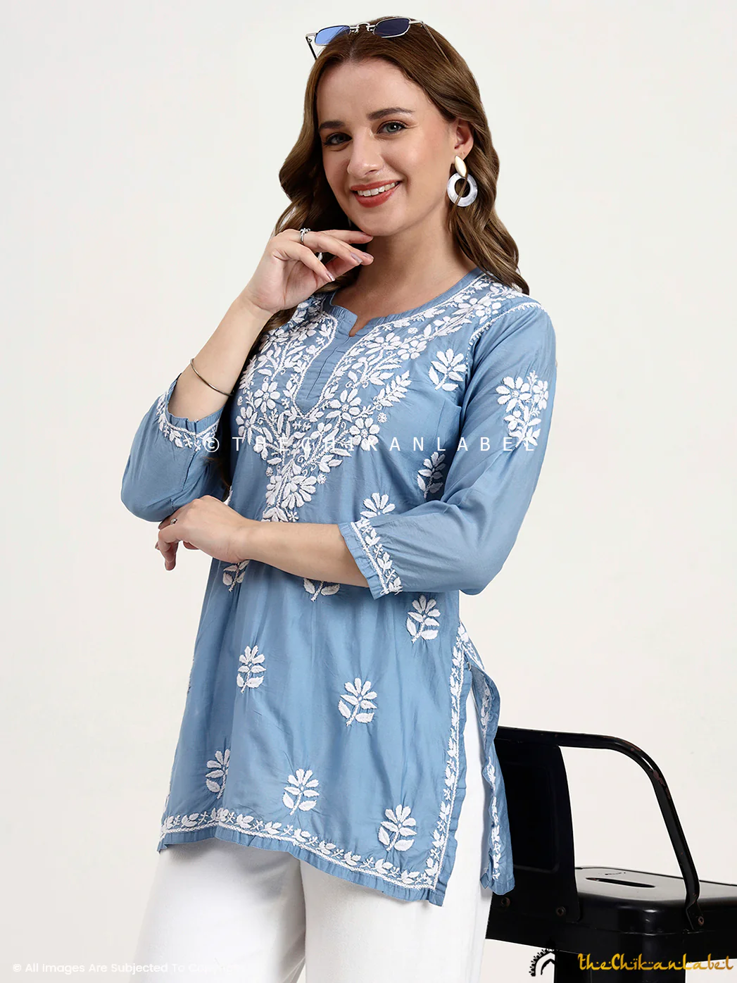 Medha Chanderi Chikankari Short Top - Powder Blue - Image 6