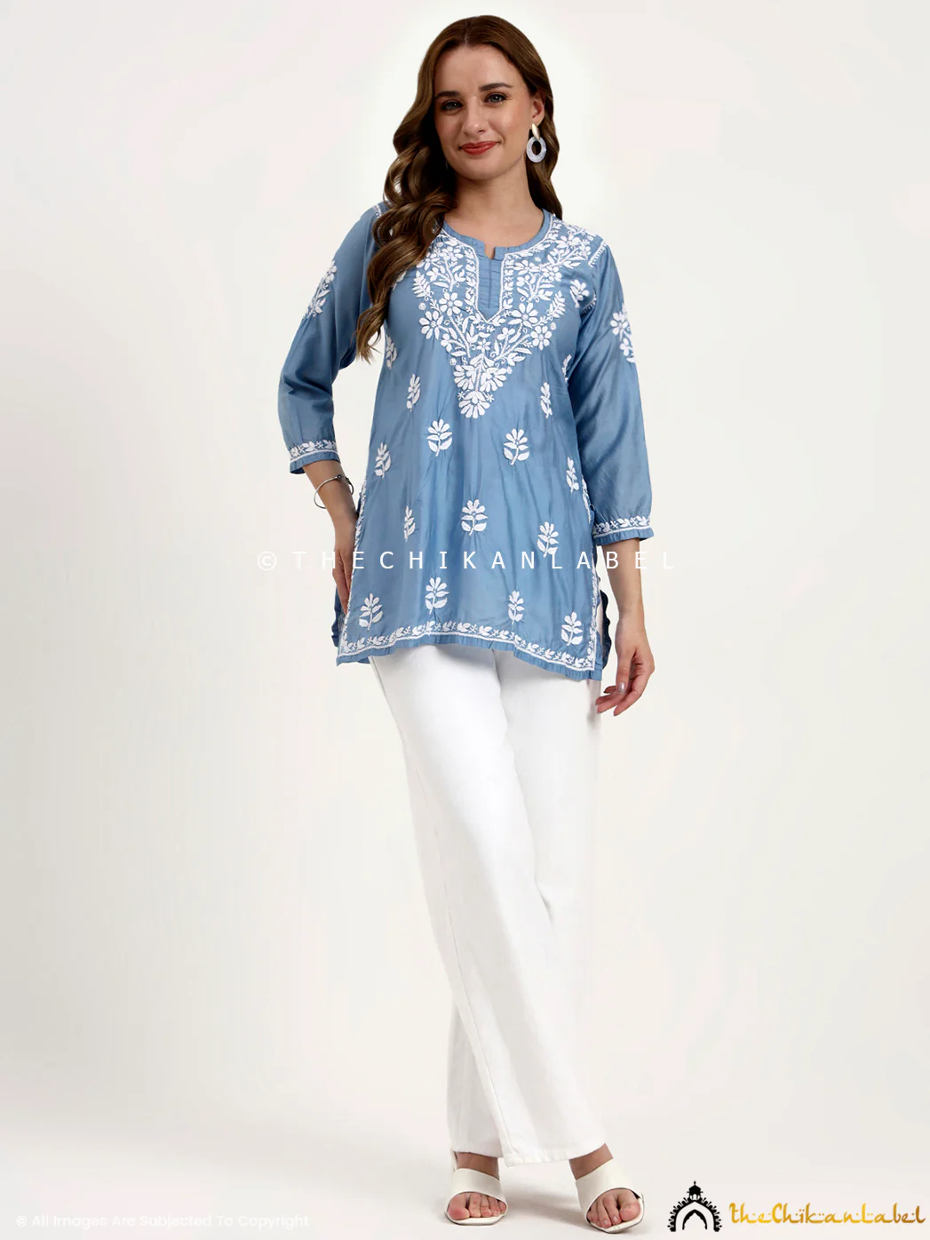 Medha Chanderi Chikankari Short Top - Powder Blue - Image 7