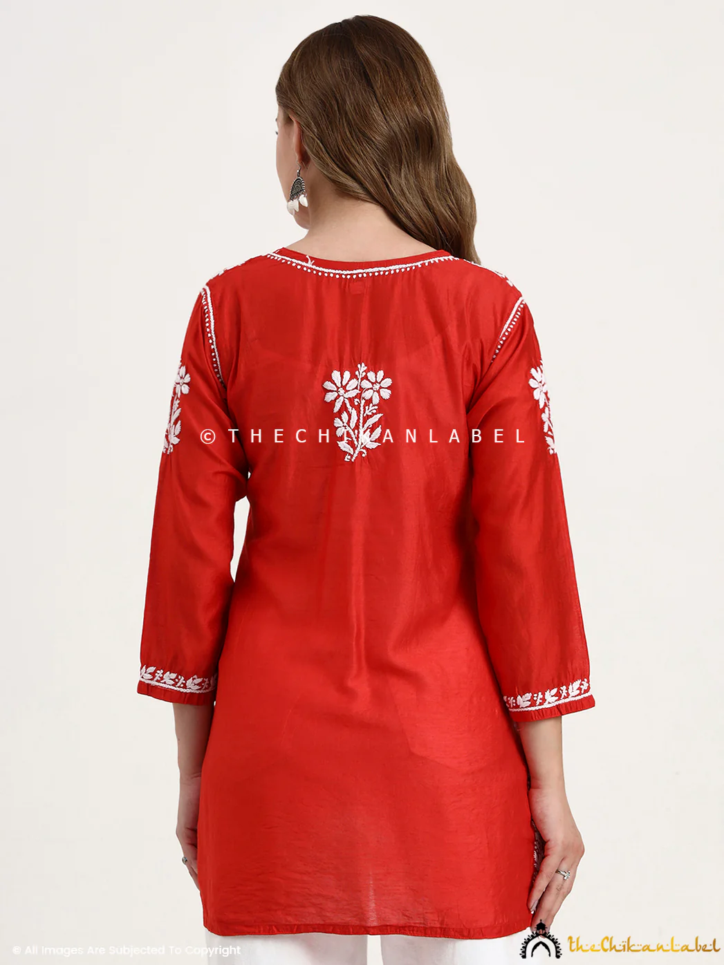Medha Chanderi Chikankari Short Top - Red - Image 3