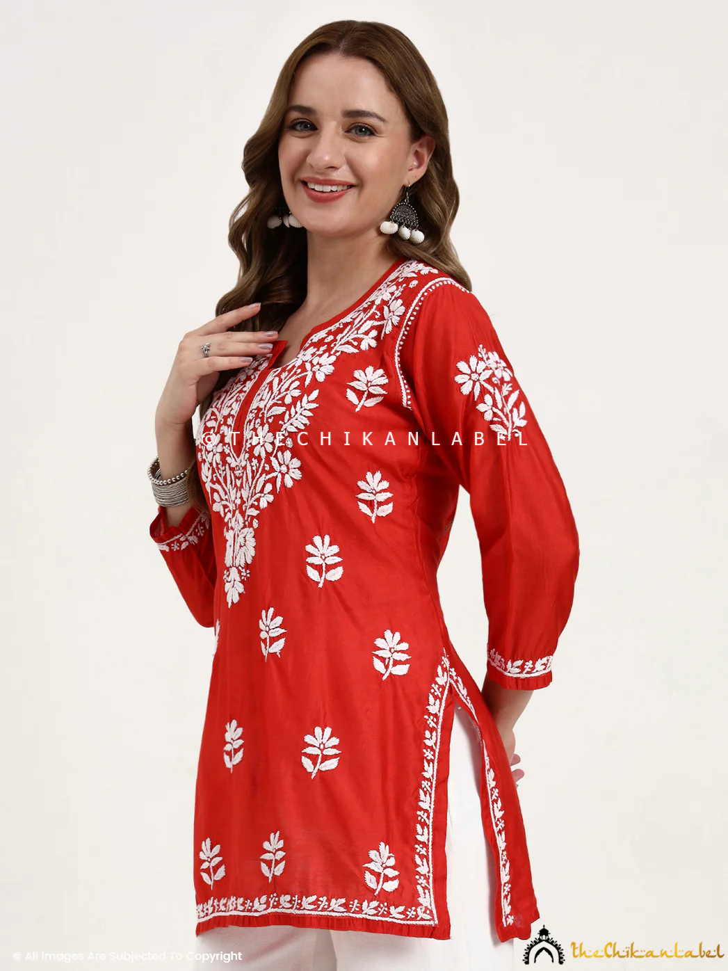 Medha Chanderi Chikankari Short Top - Red - Image 4