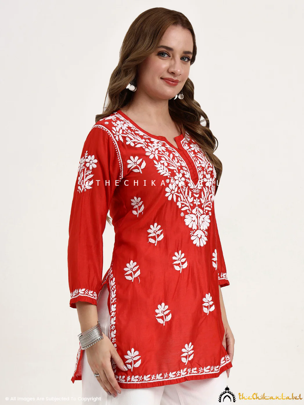Medha Chanderi Chikankari Short Top - Red - Image 5