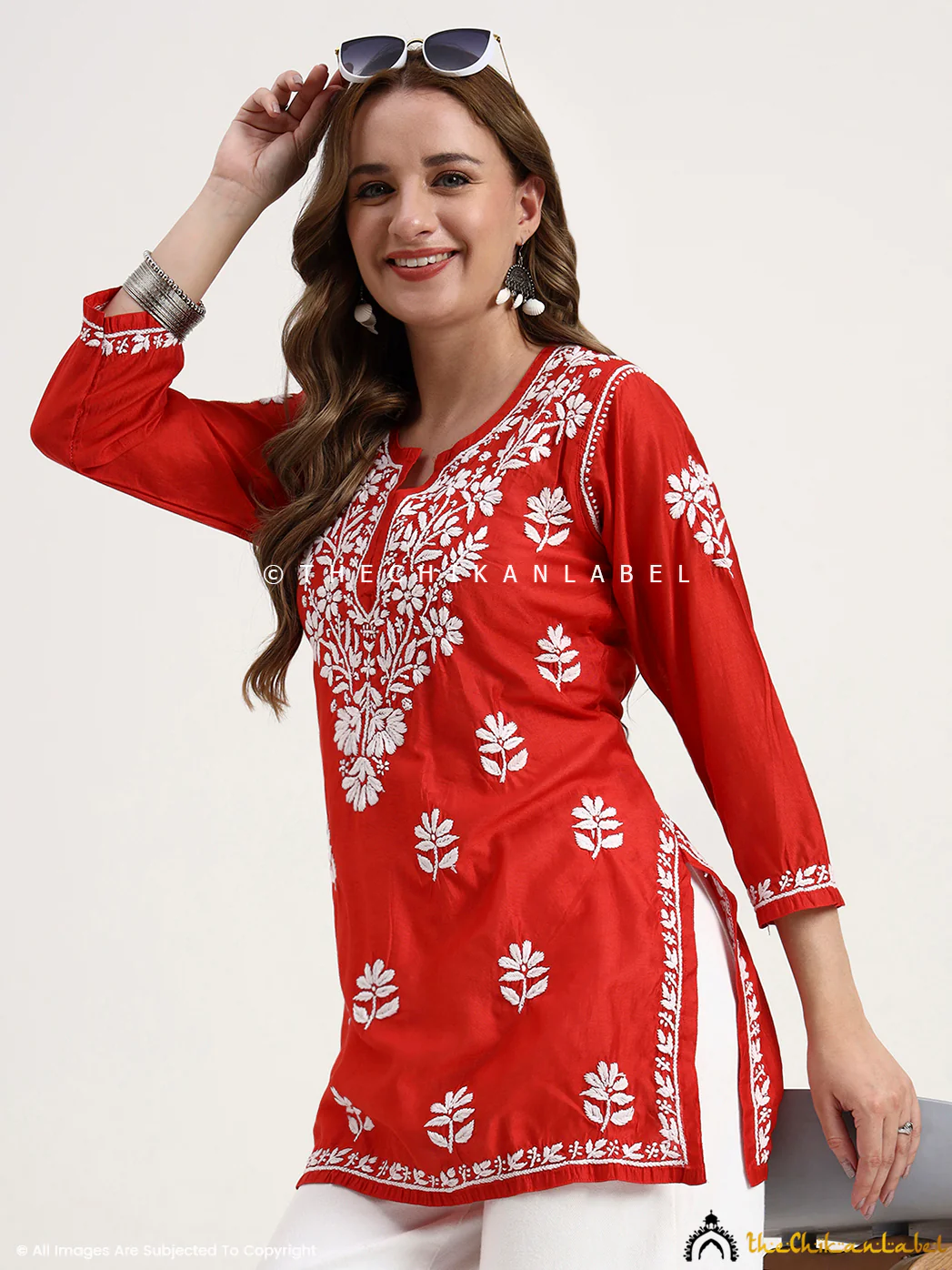 Medha Chanderi Chikankari Short Top - Red - Image 6