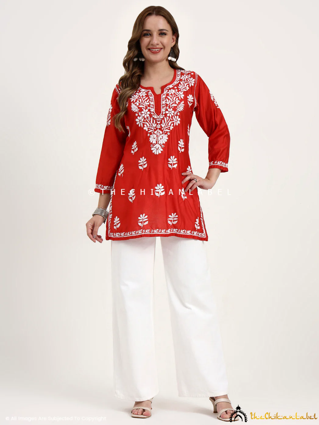 Medha Chanderi Chikankari Short Top - Red - Image 7