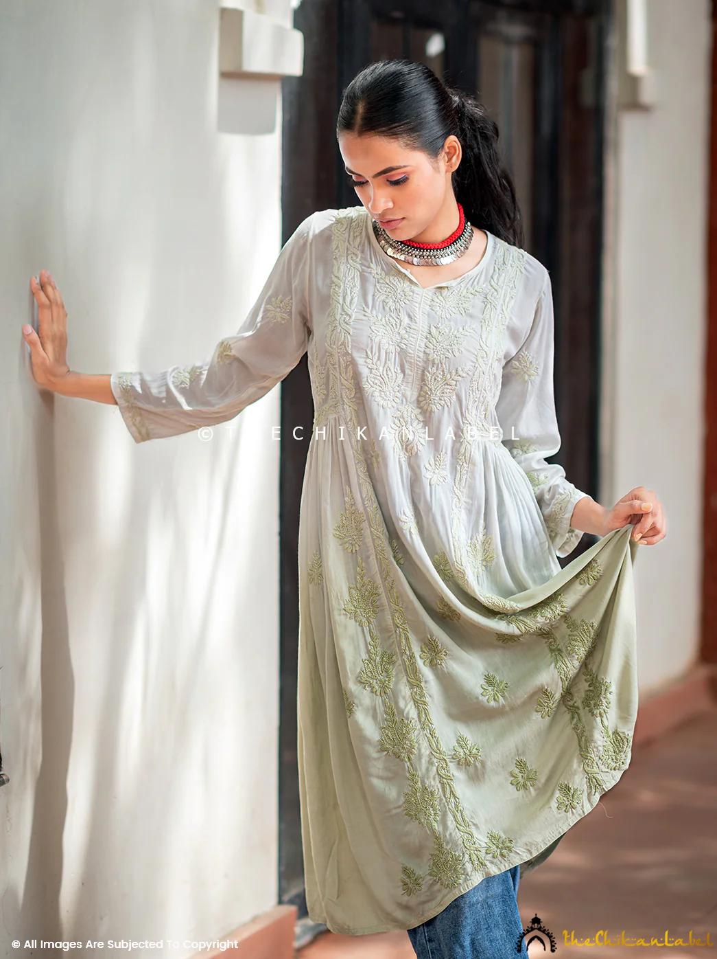 Anisa Modal Chikankari A-Line Kurti - Mehndi - Image 3