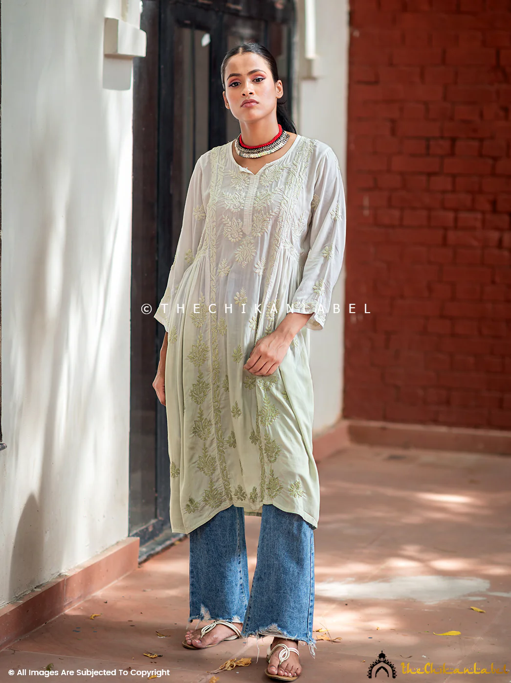 Anisa Modal Chikankari A-Line Kurti - Mehndi - Image 4