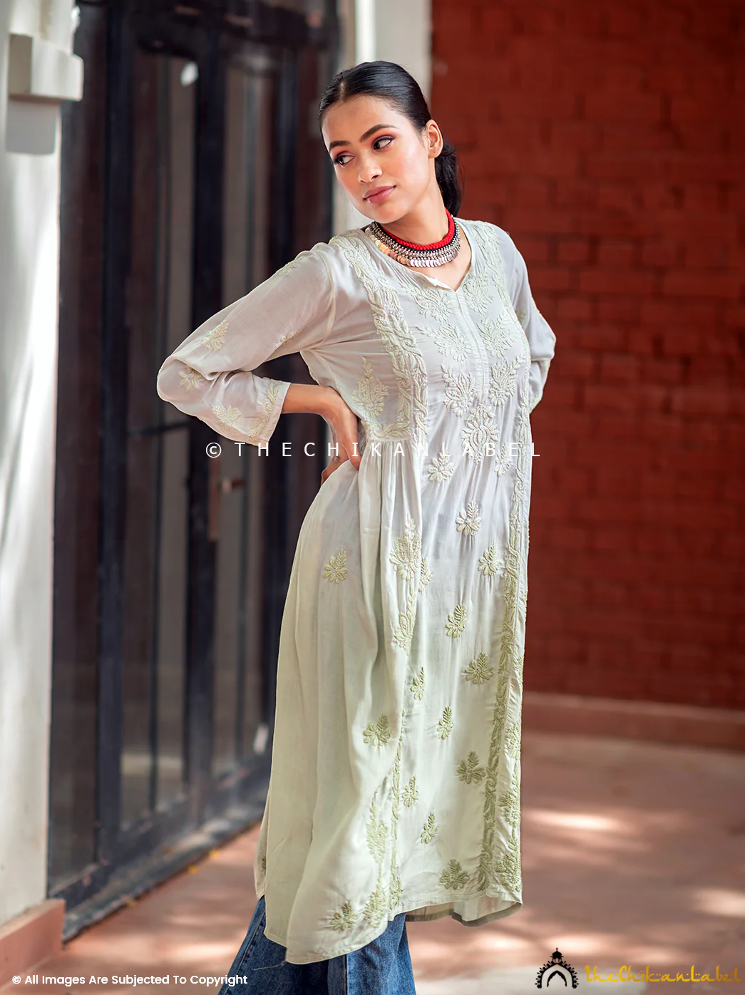 Anisa Modal Chikankari A-Line Kurti - Mehndi - Image 5