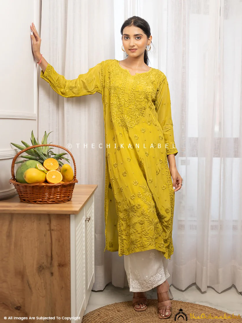 Bindiya Crepe Chikankari Straight Kurti - Mehndi