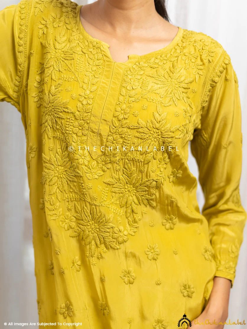 Bindiya Crepe Chikankari Straight Kurti - Mehndi - Image 2
