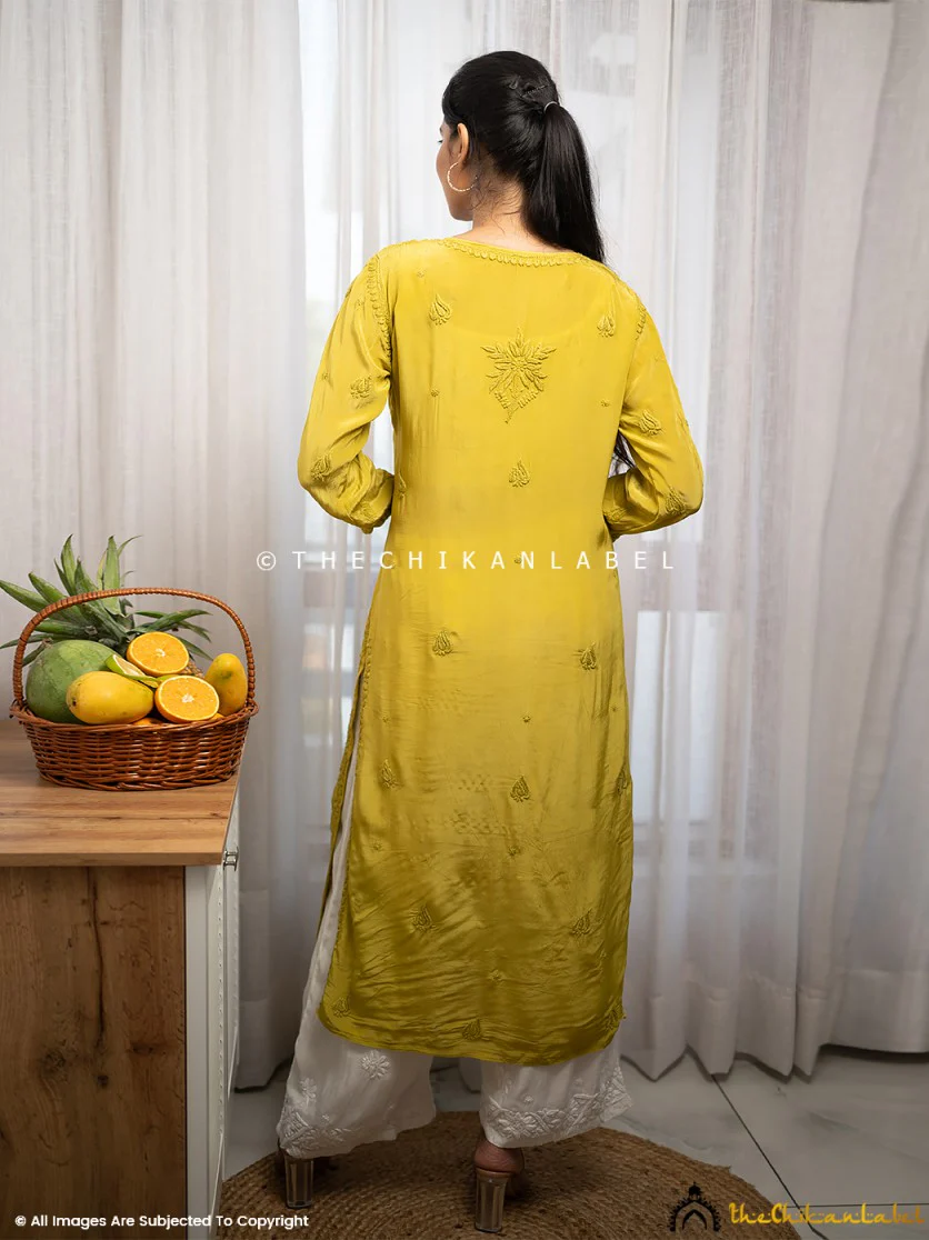 Bindiya Crepe Chikankari Straight Kurti - Mehndi - Image 3