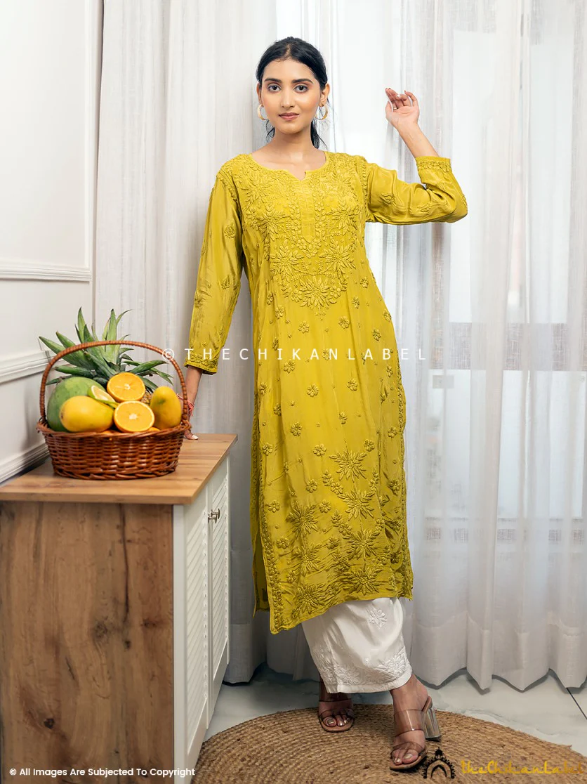 Bindiya Crepe Chikankari Straight Kurti - Mehndi - Image 4