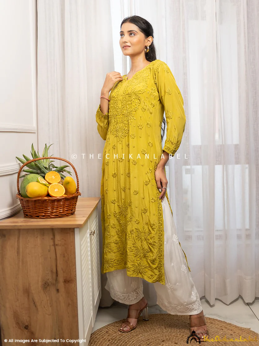 Bindiya Crepe Chikankari Straight Kurti - Mehndi - Image 5