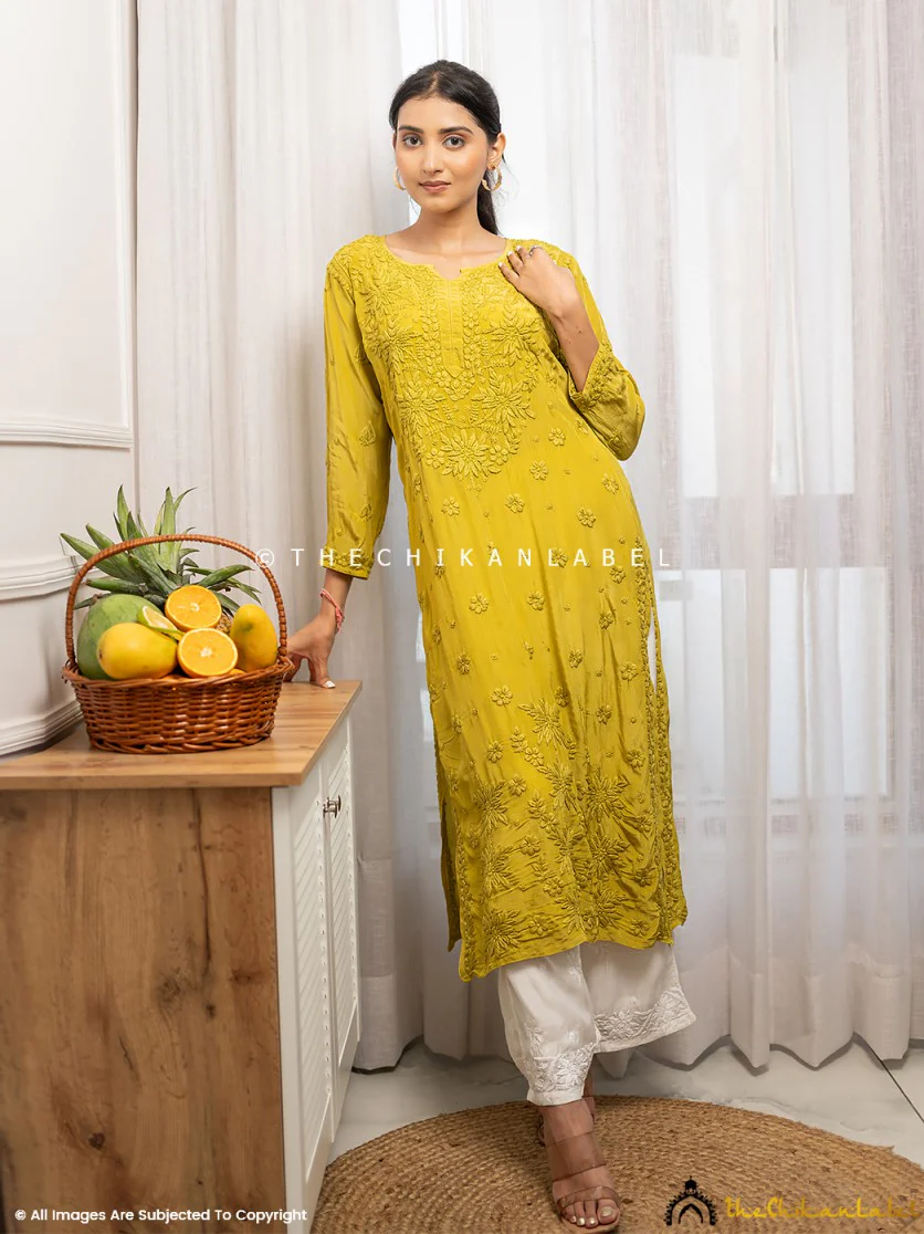 Bindiya Crepe Chikankari Straight Kurti - Mehndi - Image 6