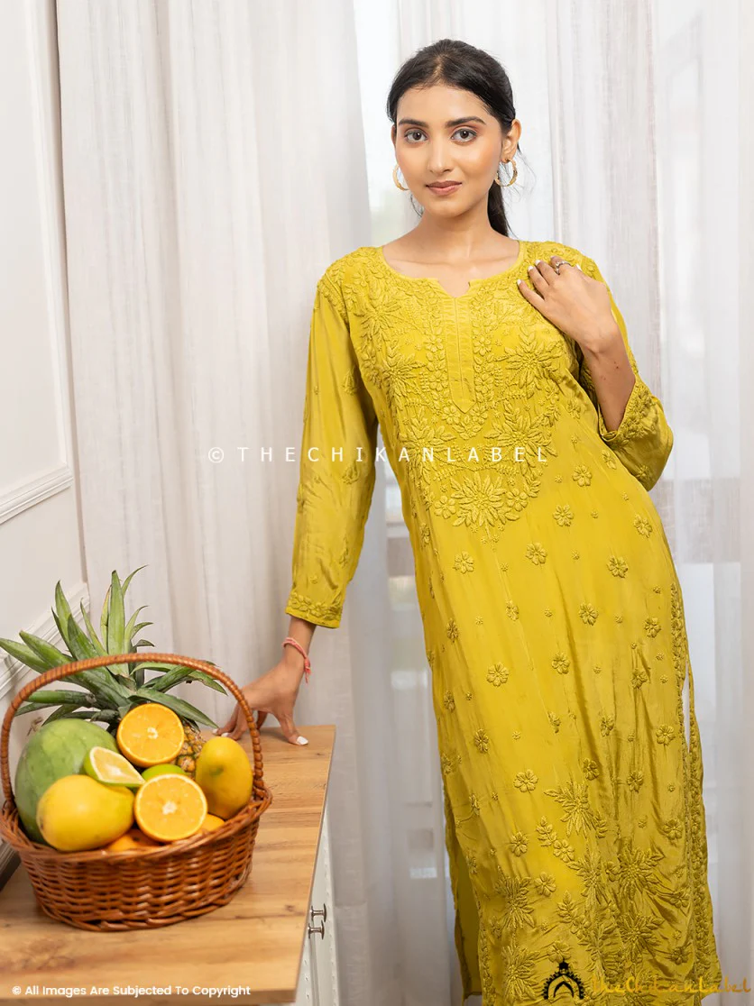 Bindiya Crepe Chikankari Straight Kurti - Mehndi - Image 7