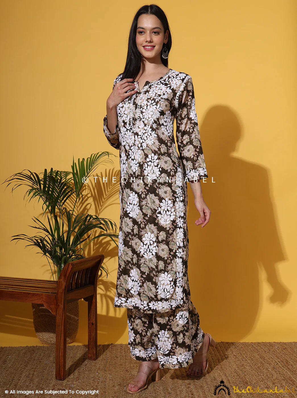 Fara Mulmul Cotton Chikankari Kurta Set-Mehndi - Image 11