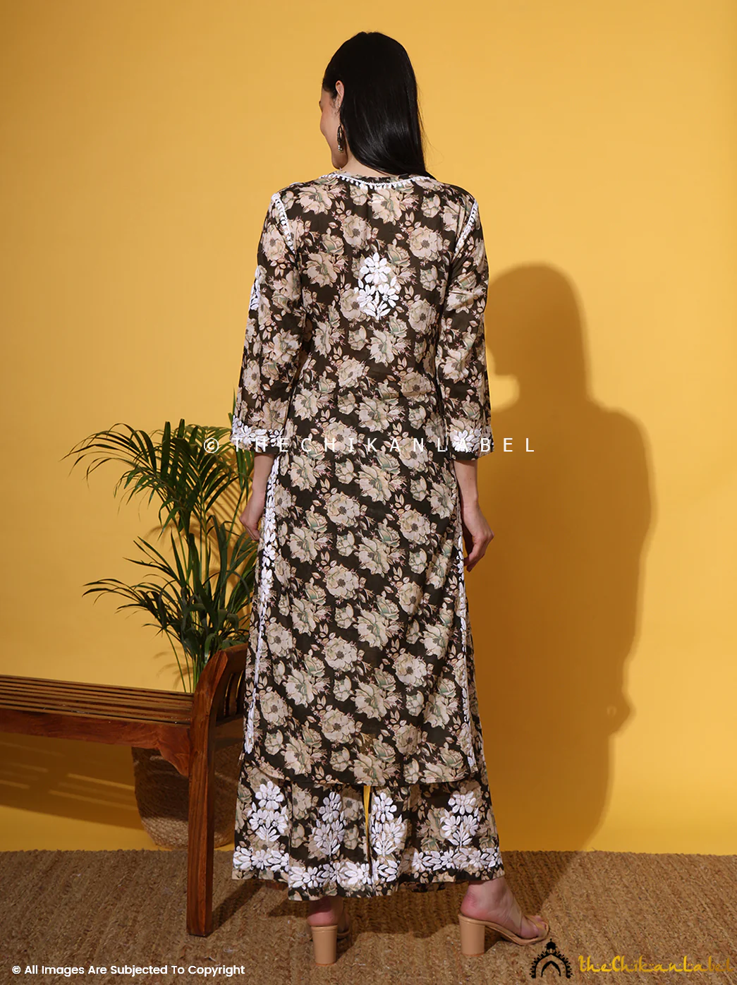 Fara Mulmul Cotton Chikankari Kurta Set-Mehndi - Image 3