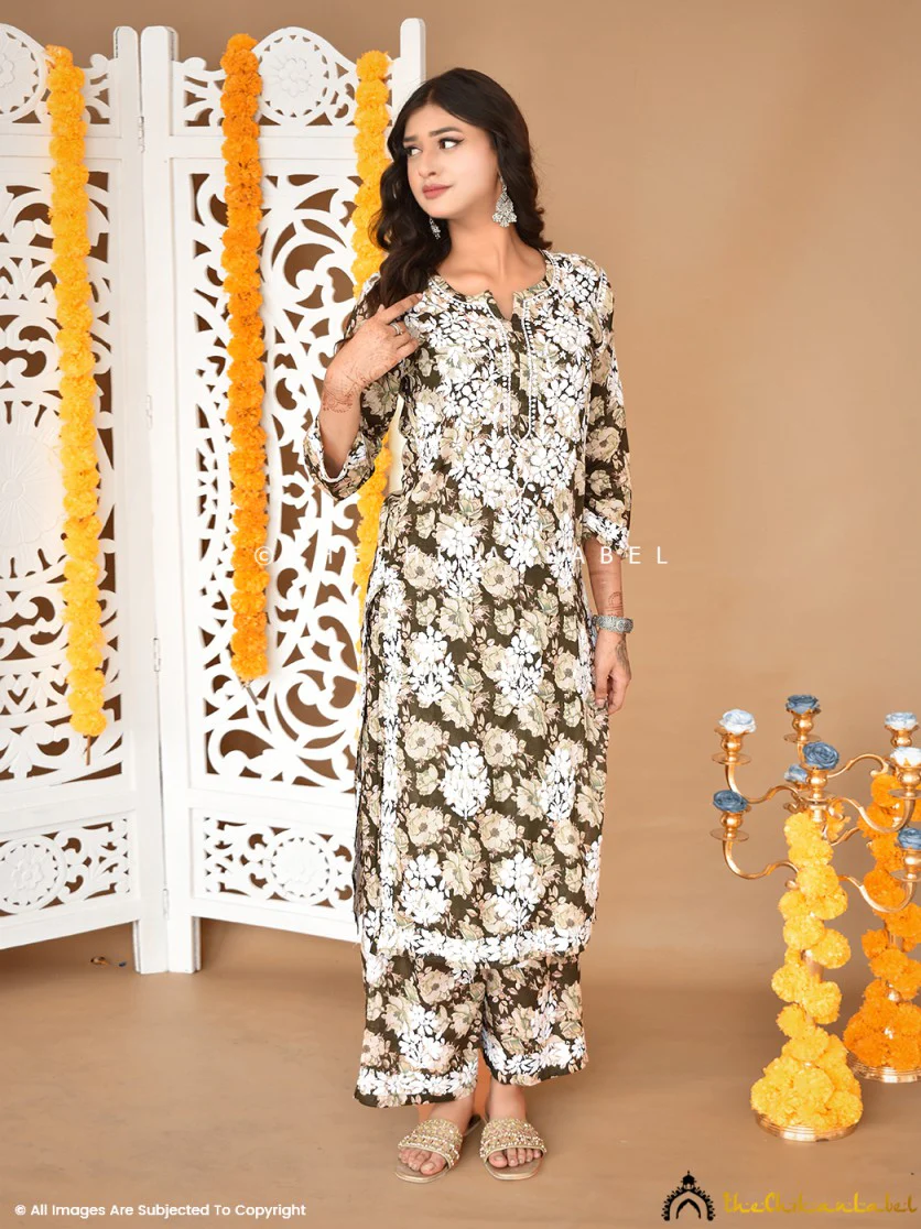 Fara Mulmul Cotton Chikankari Kurta Set-Mehndi - Image 4