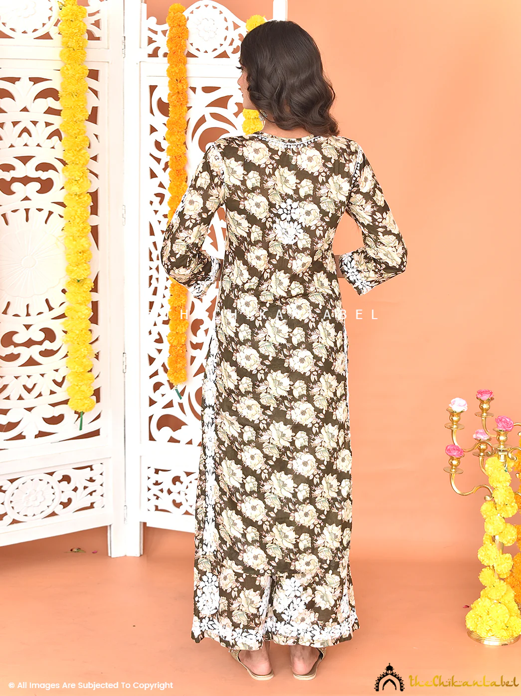Fara Mulmul Cotton Chikankari Kurta Set-Mehndi - Image 8