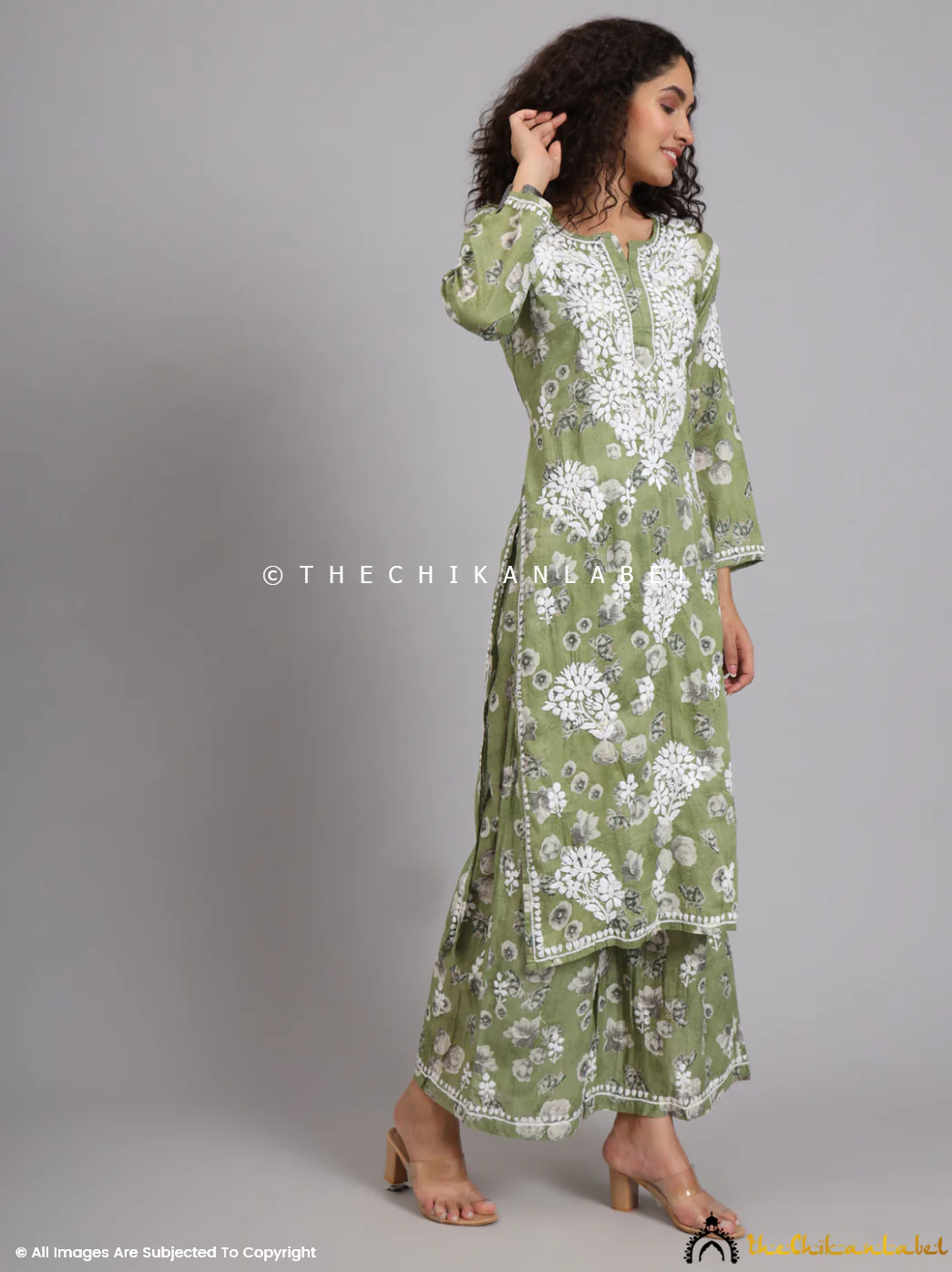 Afiya Mulmul Cotton Chikankari Kurta Set -Mehndi Green - Image 11