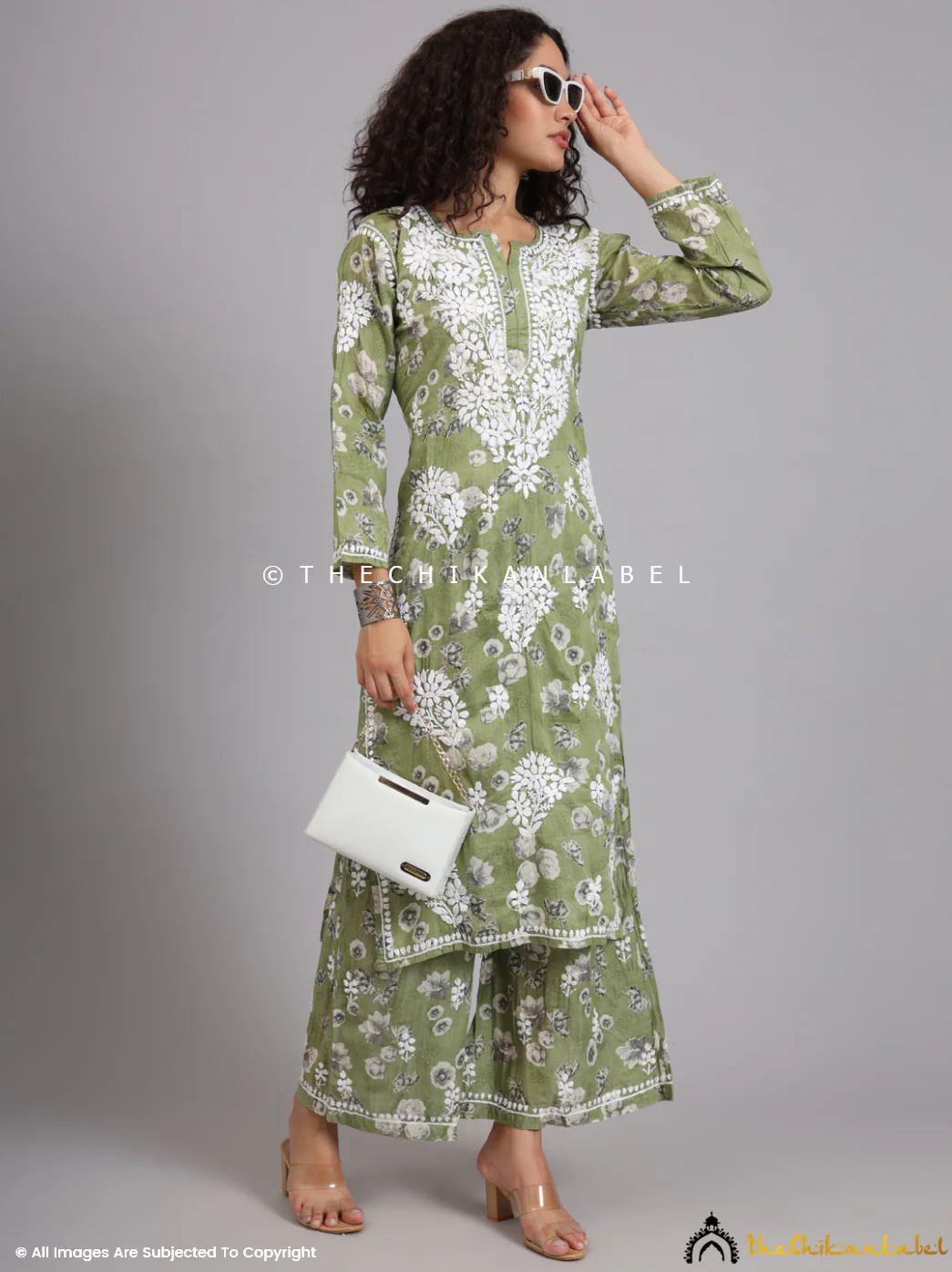Afiya Mulmul Cotton Chikankari Kurta Set -Mehndi Green - Image 12