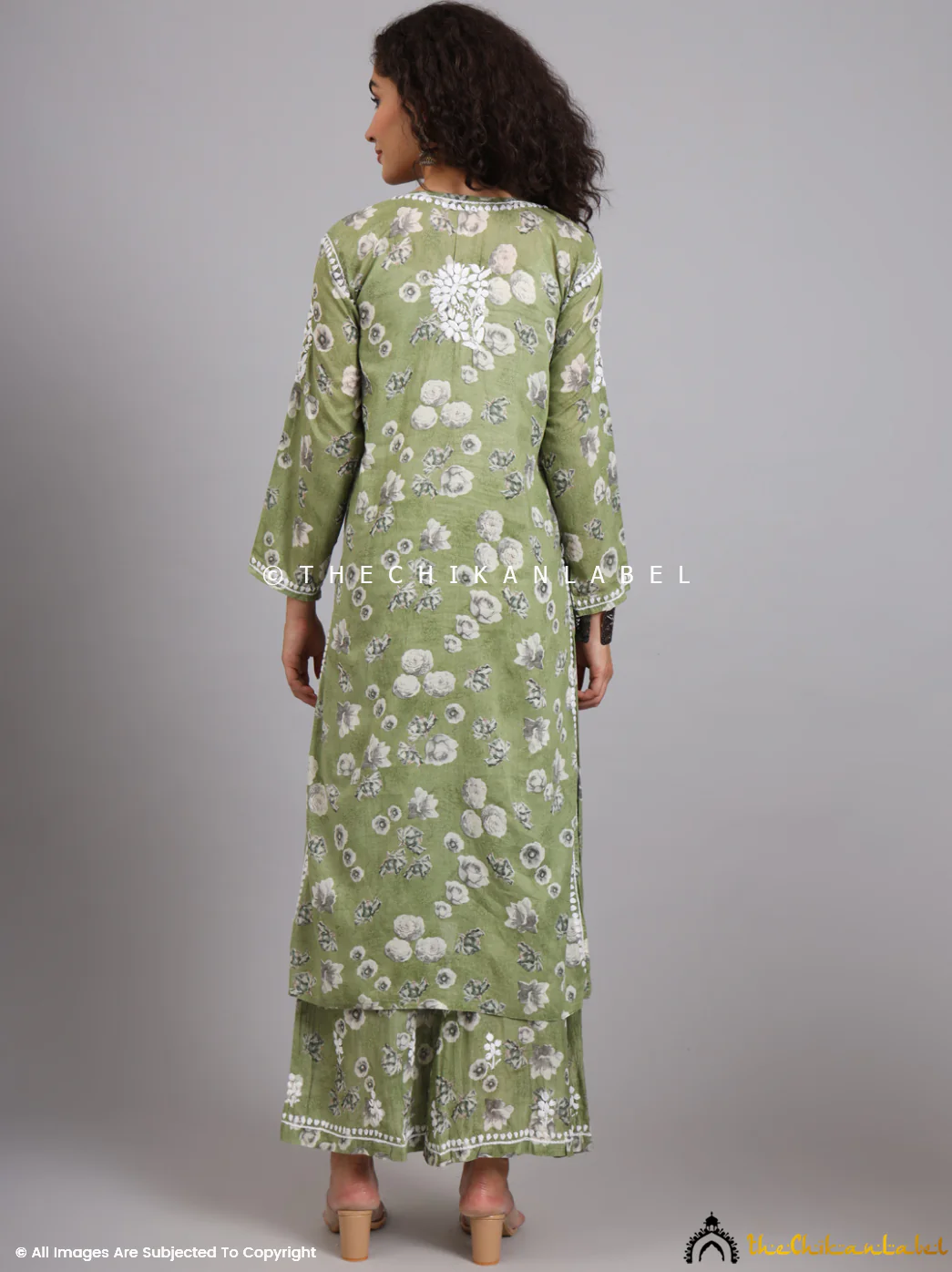 Afiya Mulmul Cotton Chikankari Kurta Set -Mehndi Green - Image 3