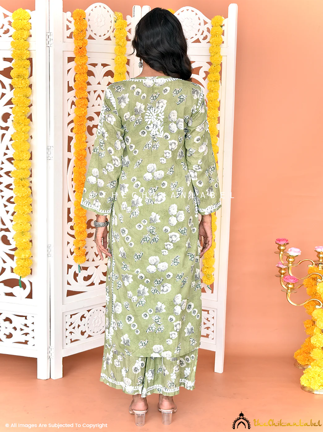 Afiya Mulmul Cotton Chikankari Kurta Set -Mehndi Green - Image 7