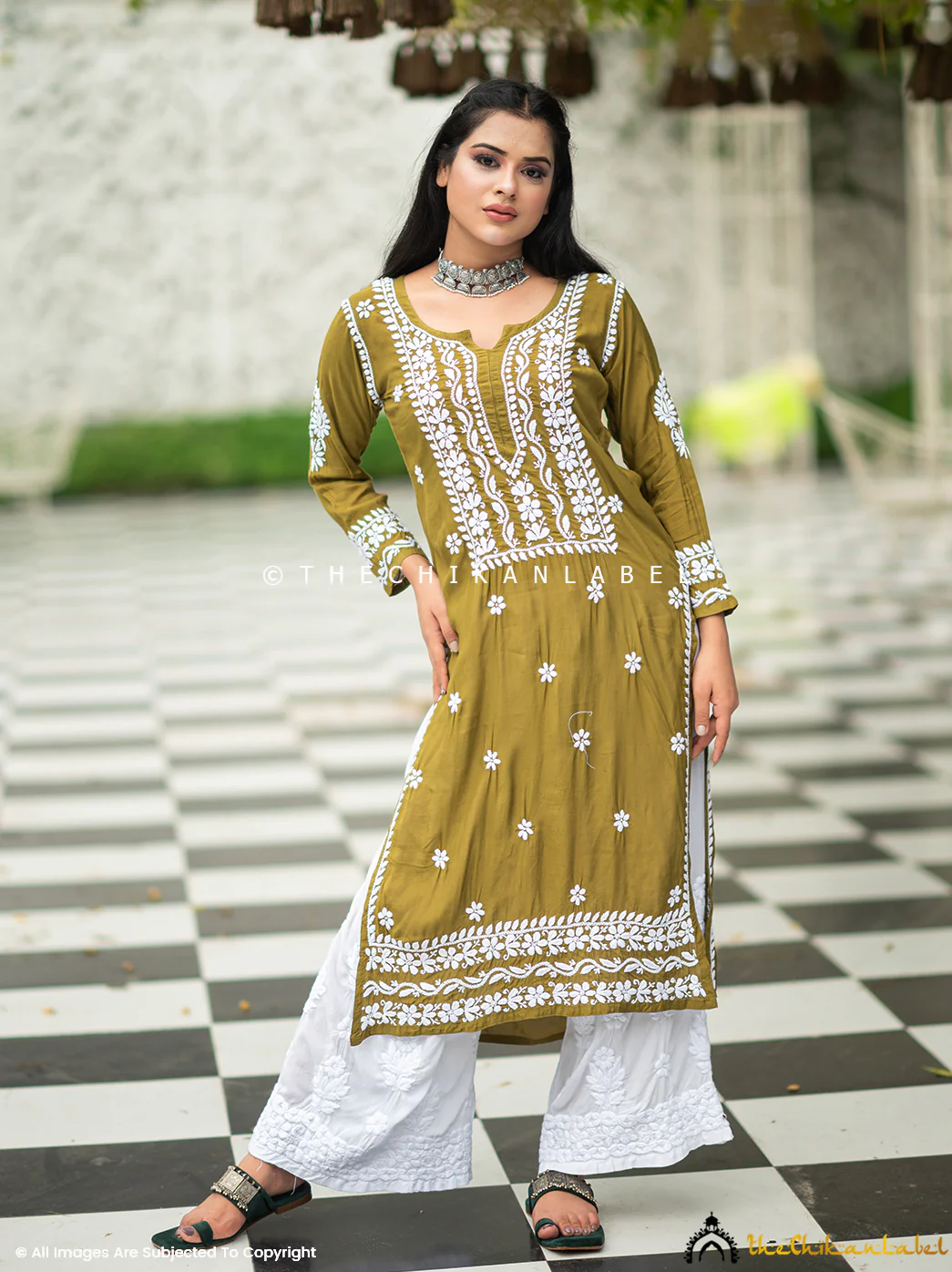 Amara Muslin Chikankari Straight Kurti - Mehndi Green - Image 4