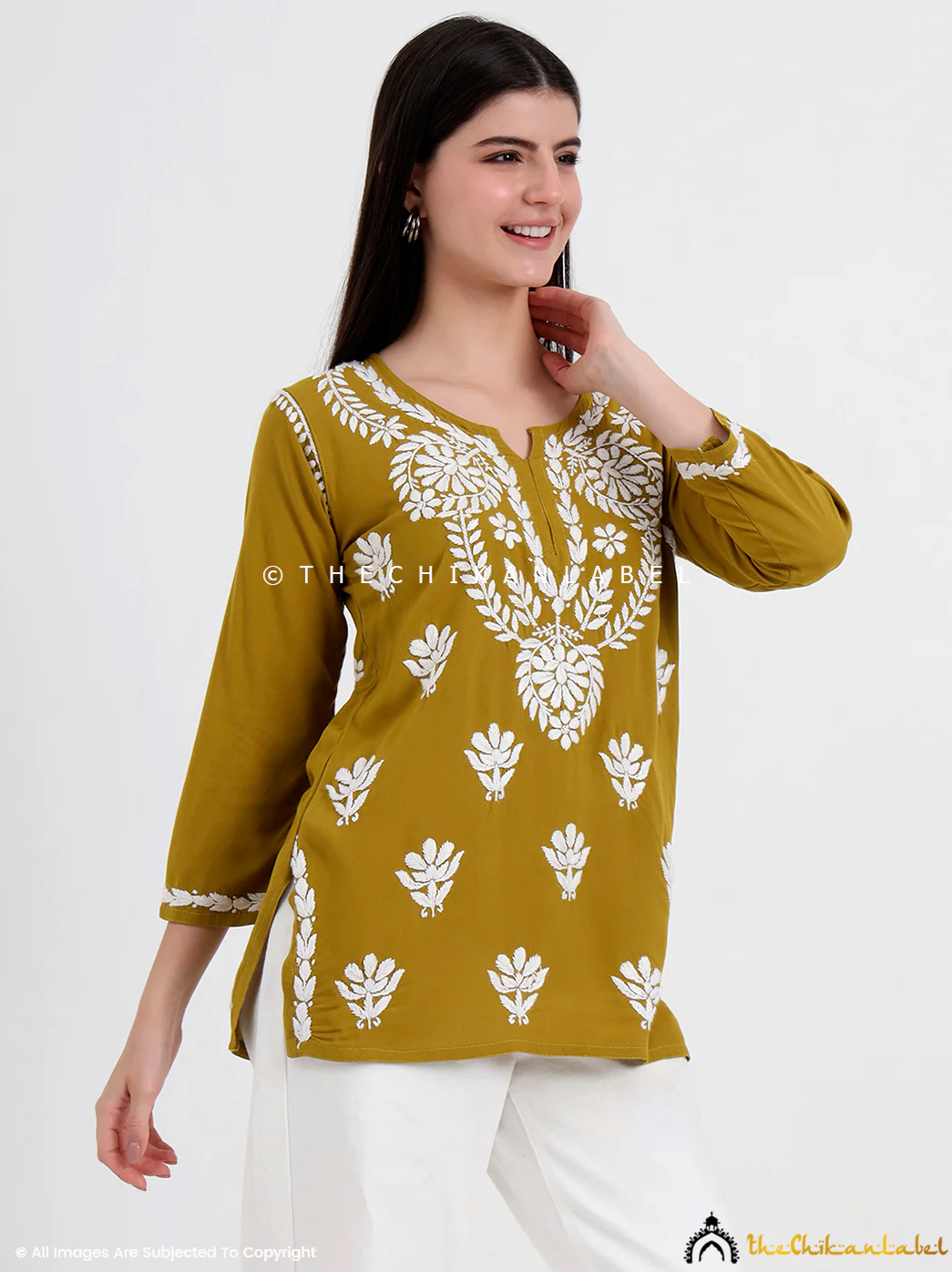 Chahat Rayon Chikankari Short Top - Mehndi Green - Image 6