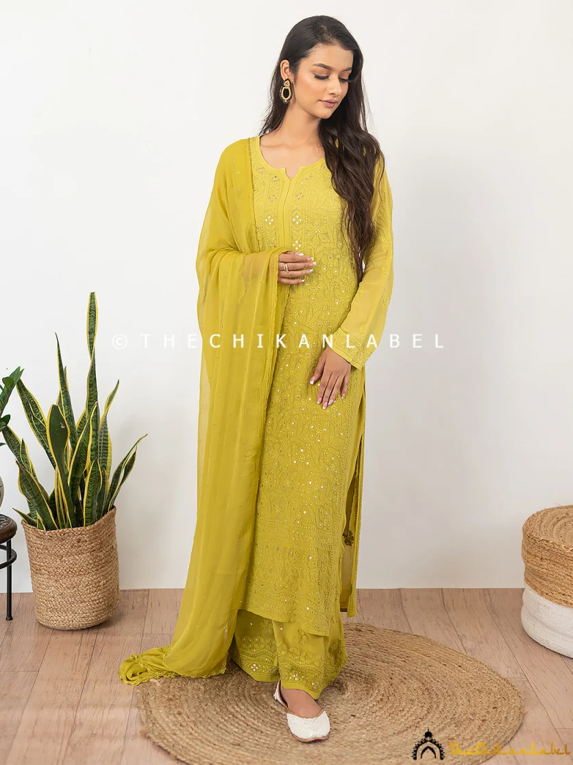 Sitara Chikankari Viscose Kurta Set with Dupatta - Mehndi Green - Image 3
