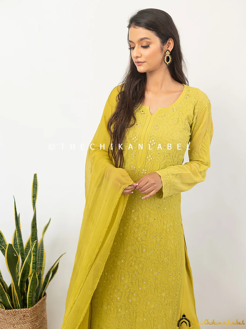 Sitara Chikankari Viscose Kurta Set with Dupatta - Mehndi Green - Image 4