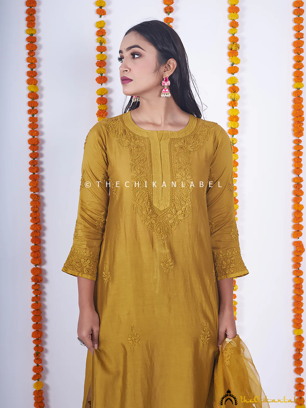 Mehndi Hiba Chanderi Chikankari Kurta Set - Image 2