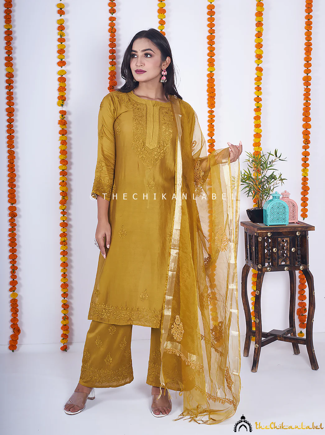 Mehndi Hiba Chanderi Chikankari Kurta Set - Image 3