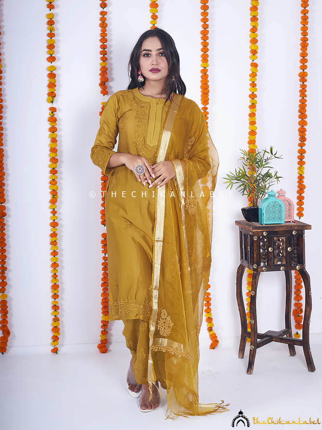 Mehndi Hiba Chanderi Chikankari Kurta Set - Image 4