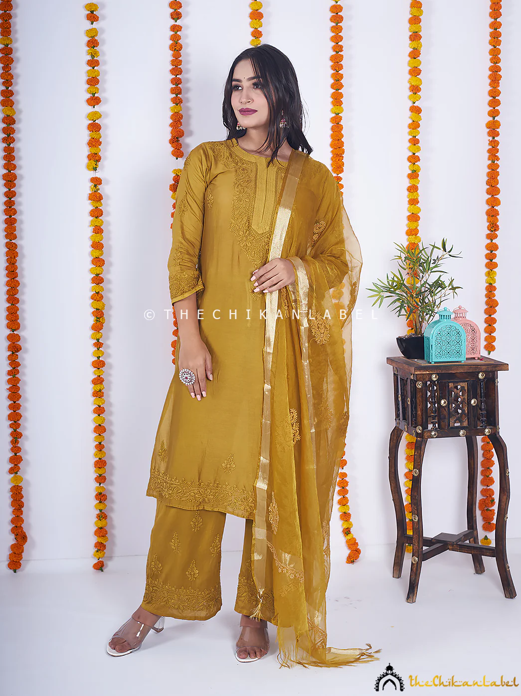 Mehndi Hiba Chanderi Chikankari Kurta Set - Image 5