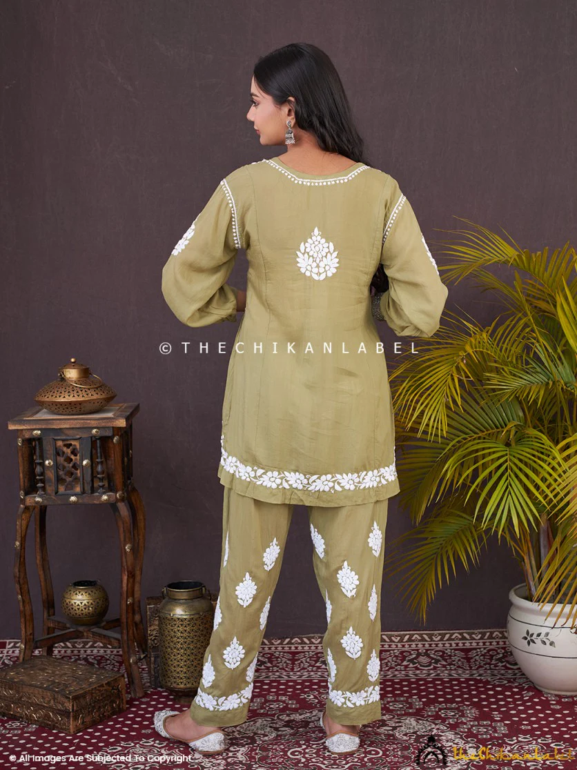Rosa Modal Chikankari Short Kurta Set-Mehndi - Image 3