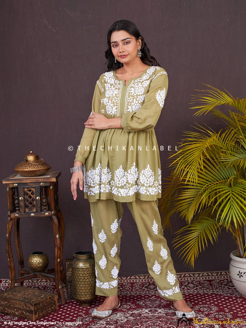 Rosa Modal Chikankari Short Kurta Set-Mehndi - Image 4