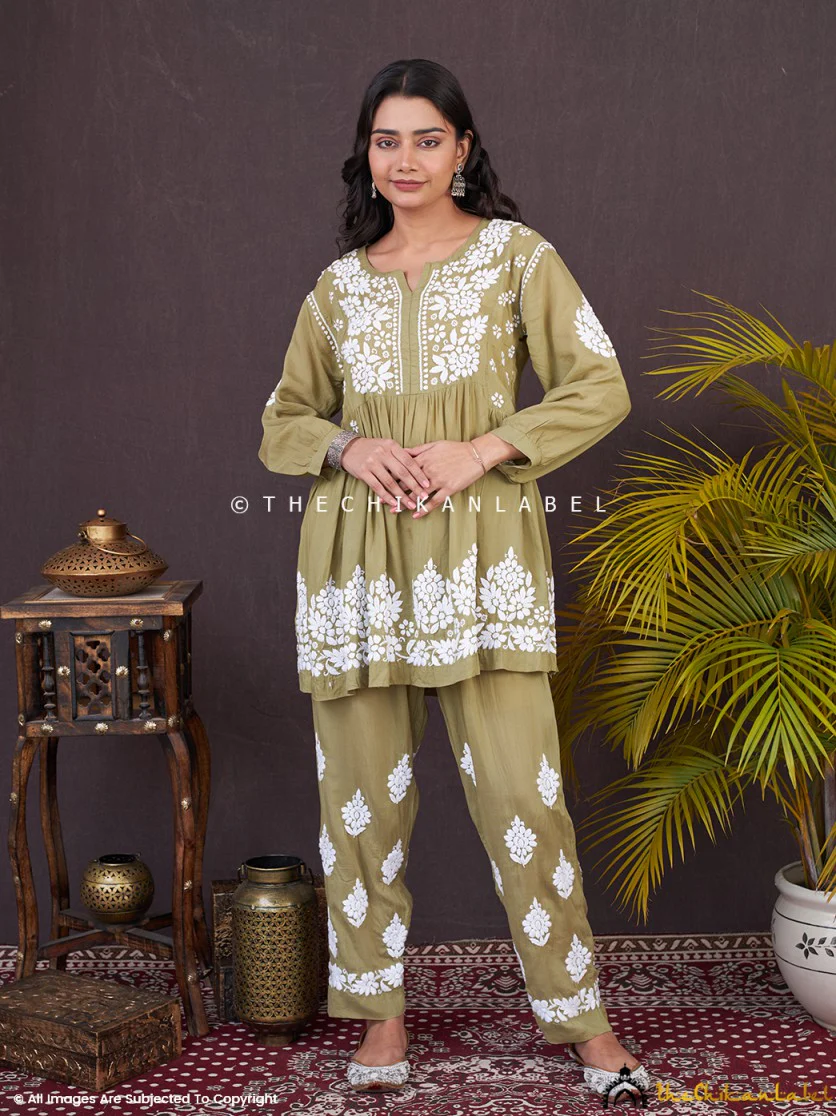 Rosa Modal Chikankari Short Kurta Set-Mehndi - Image 5
