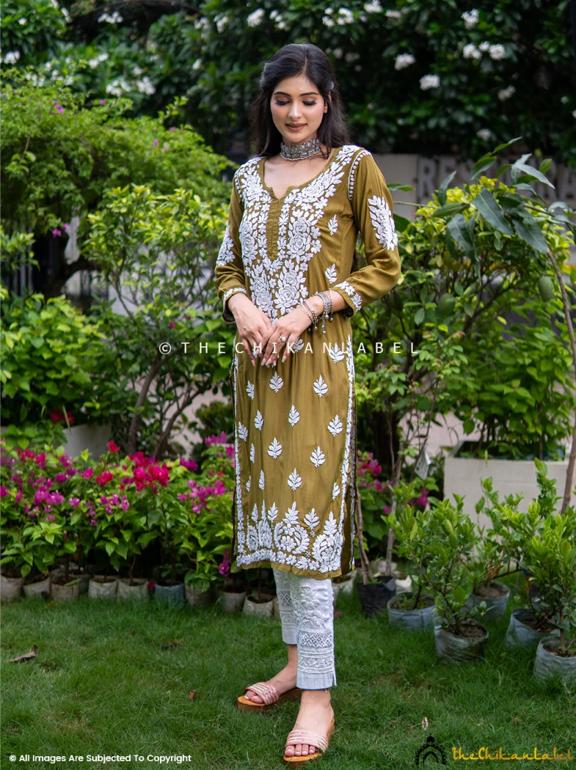 Mehndi Safa Muslin Chikankari Straight Kurti - Image 3